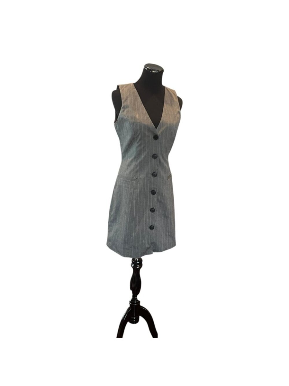 A New Day Button Down Front Dress~Grey Pinstripe Tailored V-Neck - Small - NEW - Picture 3 of 7